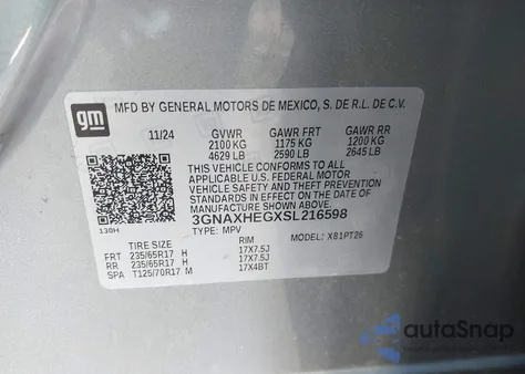 2025 Chevrolet Equinox Fwd Lt из США, поврежденный, VIN 3GNAXHEGXSL216598
